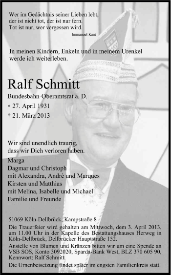 Anzeige von Ralf Schmitt von Kölner Stadt-Anzeiger / Kölnische Rundschau / Express