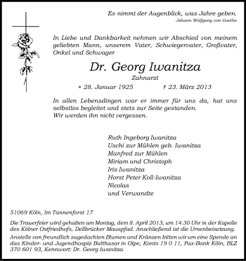 Anzeige von Georg Iwanitza von Kölner Stadt-Anzeiger / Kölnische Rundschau / Express