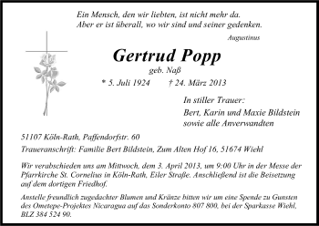 Anzeige von Gertrud Popp von Kölner Stadt-Anzeiger / Kölnische Rundschau / Express