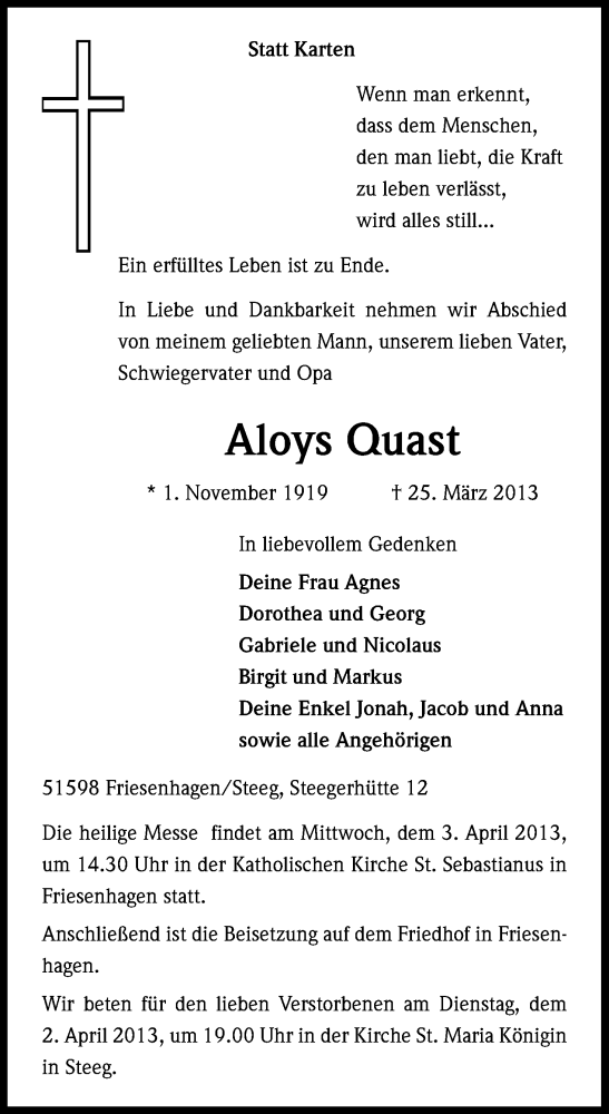  Traueranzeige für Aloys Quast vom 28.03.2013 aus Kölner Stadt-Anzeiger / Kölnische Rundschau / Express