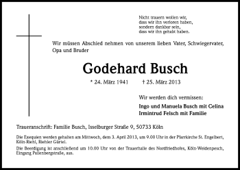 Anzeige von Godehard Busch von Kölner Stadt-Anzeiger / Kölnische Rundschau / Express