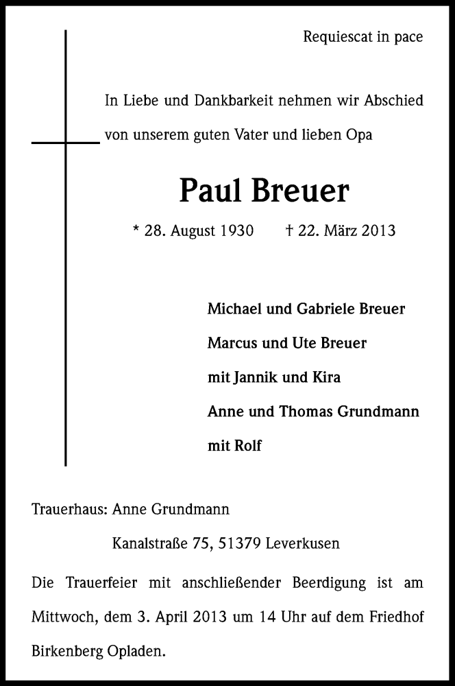  Traueranzeige für Paul Breuer vom 30.03.2013 aus Kölner Stadt-Anzeiger / Kölnische Rundschau / Express