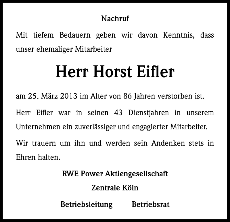  Traueranzeige für Horst Eifler vom 04.04.2013 aus Kölner Stadt-Anzeiger / Kölnische Rundschau / Express