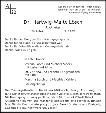 Anzeige von Hartwig-Malte Lösch von Kölner Stadt-Anzeiger / Kölnische Rundschau / Express