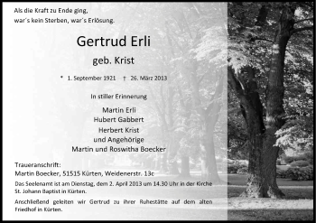 Anzeige von Gertrud Erli von Kölner Stadt-Anzeiger / Kölnische Rundschau / Express
