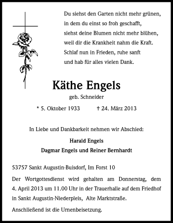 Anzeige von Käthe Engels von Kölner Stadt-Anzeiger / Kölnische Rundschau / Express