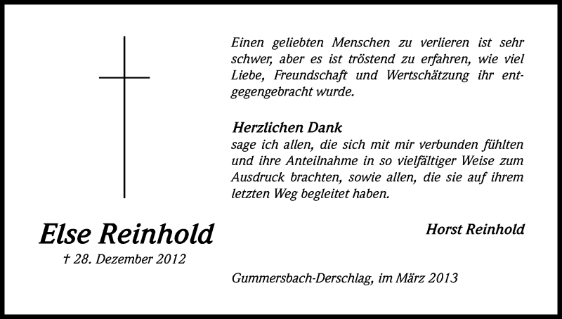  Traueranzeige für Else Reinhold vom 30.03.2013 aus Kölner Stadt-Anzeiger / Kölnische Rundschau / Express