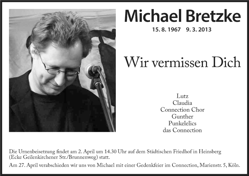  Traueranzeige für Michael Bretzke vom 30.03.2013 aus Kölner Stadt-Anzeiger / Kölnische Rundschau / Express