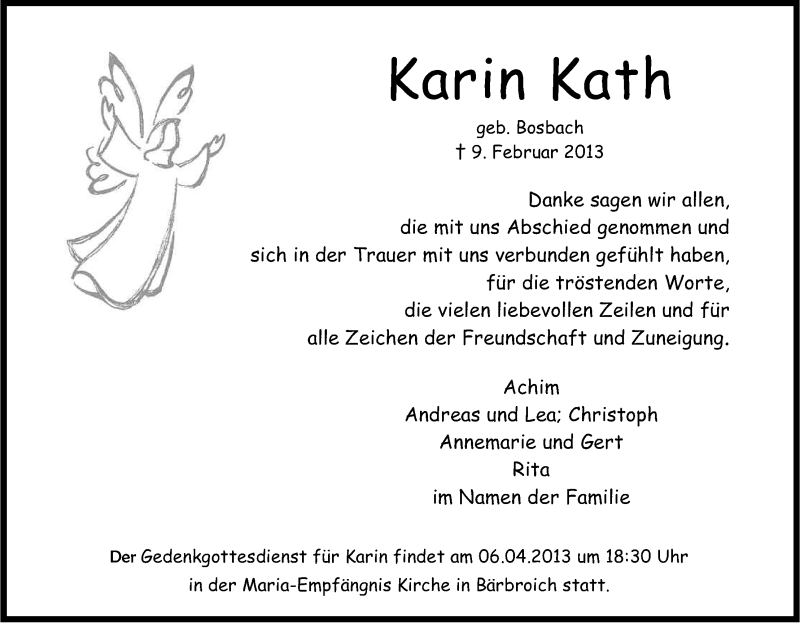  Traueranzeige für Karin Kath vom 30.03.2013 aus Kölner Stadt-Anzeiger / Kölnische Rundschau / Express