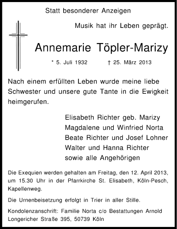 Anzeige von Annemarie Töpler-Marizy von Kölner Stadt-Anzeiger / Kölnische Rundschau / Express
