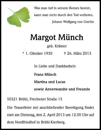 Anzeige von Margot Münch von Kölner Stadt-Anzeiger / Kölnische Rundschau / Express