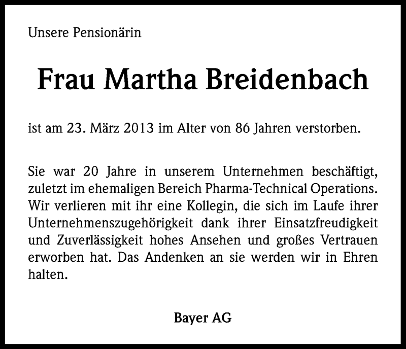  Traueranzeige für Martha Breidenbach vom 30.03.2013 aus Kölner Stadt-Anzeiger / Kölnische Rundschau / Express