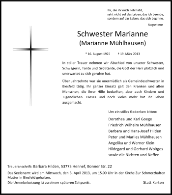 Anzeige von Marianne Mühlhausen von Kölner Stadt-Anzeiger / Kölnische Rundschau / Express