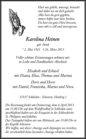 Anzeige von Karolina Heinen von Kölner Stadt-Anzeiger / Kölnische Rundschau / Express