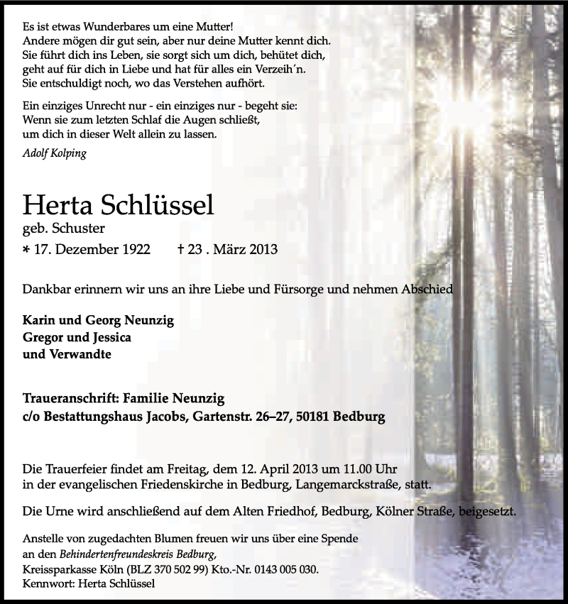  Traueranzeige für Herta Schlüssel vom 06.04.2013 aus Kölner Stadt-Anzeiger / Kölnische Rundschau / Express