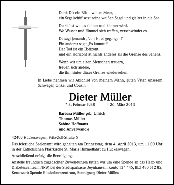 Anzeige von Dieter Müller von Kölner Stadt-Anzeiger / Kölnische Rundschau / Express