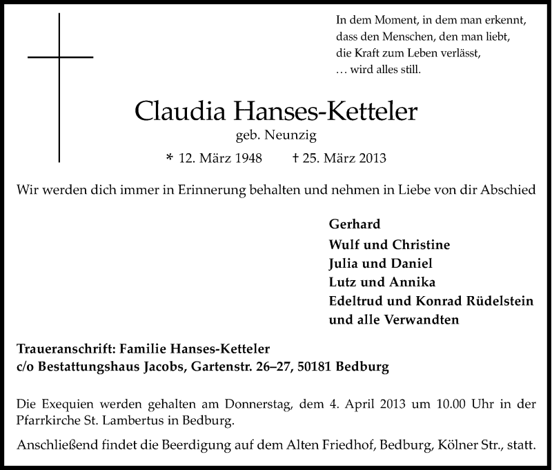  Traueranzeige für Claudia Hanses-Ketteler vom 30.03.2013 aus Kölner Stadt-Anzeiger / Kölnische Rundschau / Express