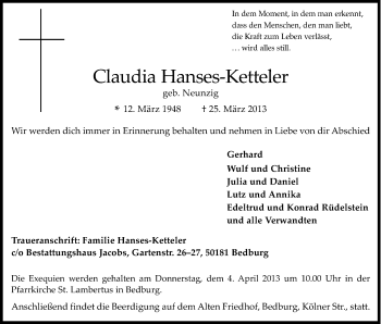 Anzeige von Claudia Hanses-Ketteler von Kölner Stadt-Anzeiger / Kölnische Rundschau / Express
