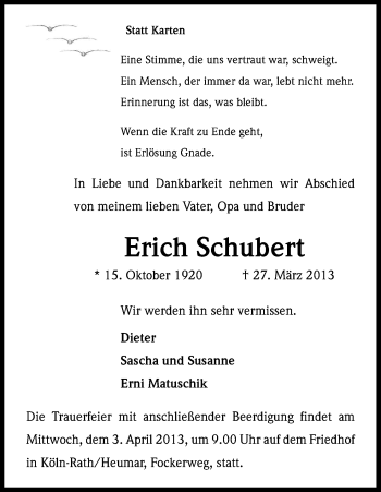 Anzeige von Erich Schubert von Kölner Stadt-Anzeiger / Kölnische Rundschau / Express