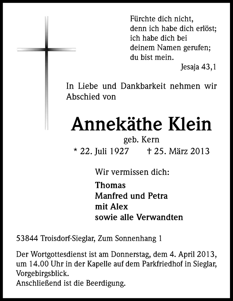  Traueranzeige für Annekäthe Klein vom 30.03.2013 aus Kölner Stadt-Anzeiger / Kölnische Rundschau / Express