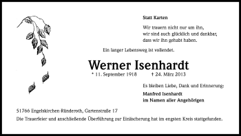 Anzeige von Werner Isenhardt von Kölner Stadt-Anzeiger / Kölnische Rundschau / Express