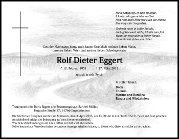 Anzeige von Rolf Dieter Eggert von Kölner Stadt-Anzeiger / Kölnische Rundschau / Express