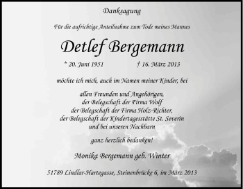 Anzeige von Detlef Bergemann von Kölner Stadt-Anzeiger / Kölnische Rundschau / Express