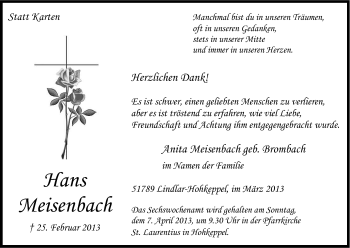 Anzeige von Hans Meisenbach von Kölner Stadt-Anzeiger / Kölnische Rundschau / Express