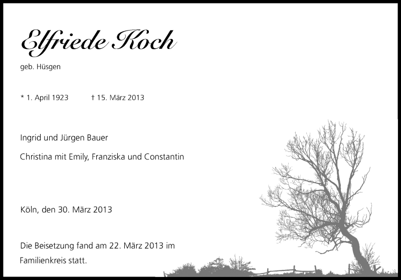  Traueranzeige für Elfriede Koch vom 30.03.2013 aus Kölner Stadt-Anzeiger / Kölnische Rundschau / Express