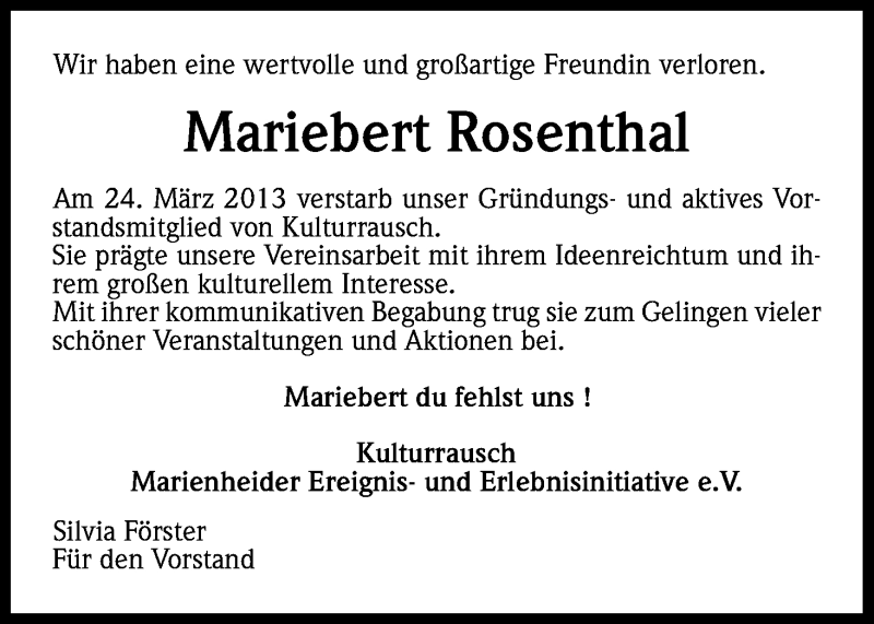  Traueranzeige für Mariebert Rosenthal vom 30.03.2013 aus Kölner Stadt-Anzeiger / Kölnische Rundschau / Express