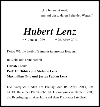 Anzeige von Hubert Lenz von Kölner Stadt-Anzeiger / Kölnische Rundschau / Express
