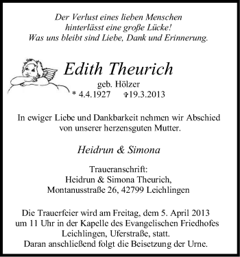 Anzeige von Edith Teurich von Kölner Stadt-Anzeiger / Kölnische Rundschau / Express
