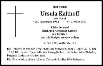 Anzeige von Ursula Kalthoff von Kölner Stadt-Anzeiger / Kölnische Rundschau / Express