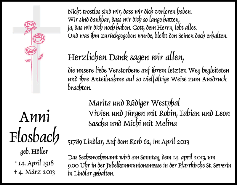  Traueranzeige für Anni Flosbach vom 06.04.2013 aus Kölner Stadt-Anzeiger / Kölnische Rundschau / Express