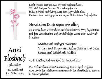 Anzeige von Anni Flosbach von Kölner Stadt-Anzeiger / Kölnische Rundschau / Express