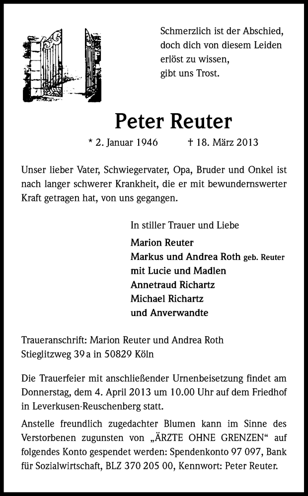  Traueranzeige für Peter Reuter vom 30.03.2013 aus Kölner Stadt-Anzeiger / Kölnische Rundschau / Express