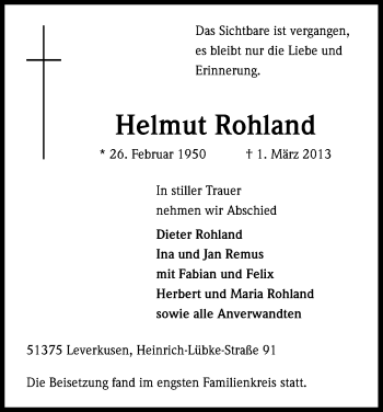 Anzeige von Helmut Rohland von Kölner Stadt-Anzeiger / Kölnische Rundschau / Express