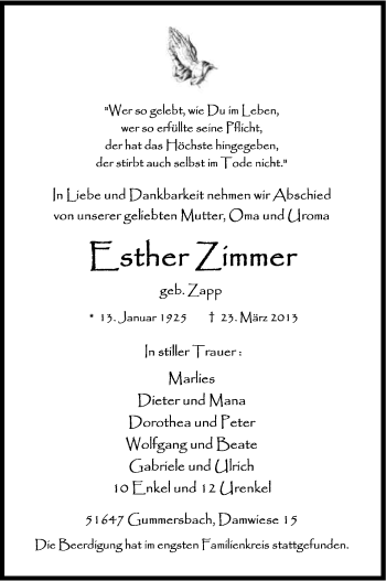 Anzeige von Esther Zimmer von Kölner Stadt-Anzeiger / Kölnische Rundschau / Express