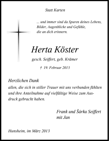 Anzeige von Herta Köster von Kölner Stadt-Anzeiger / Kölnische Rundschau / Express