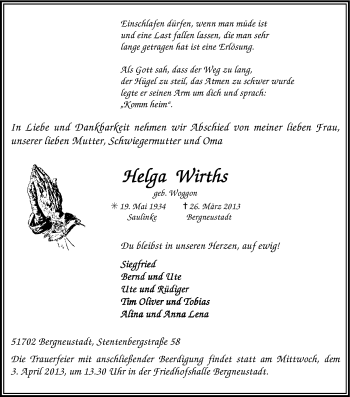 Anzeige von Helga Wirths von Kölner Stadt-Anzeiger / Kölnische Rundschau / Express