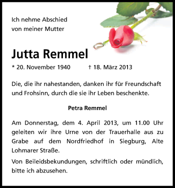 Anzeige von Jutta Remmel von Kölner Stadt-Anzeiger / Kölnische Rundschau / Express