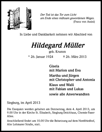 Anzeige von Hildegard Müller von Kölner Stadt-Anzeiger / Kölnische Rundschau / Express