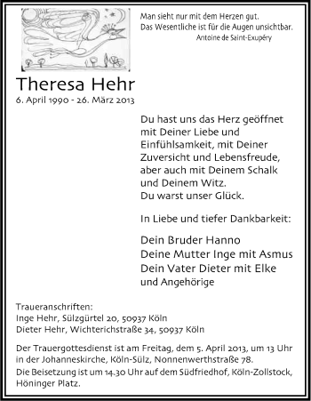 Anzeige von Theresa Hehr von Kölner Stadt-Anzeiger / Kölnische Rundschau / Express