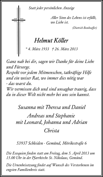 Anzeige von Helmut Köller von Kölner Stadt-Anzeiger / Kölnische Rundschau / Express