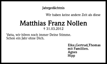 Anzeige von Matthias Franz Nollen von Kölner Stadt-Anzeiger / Kölnische Rundschau / Express