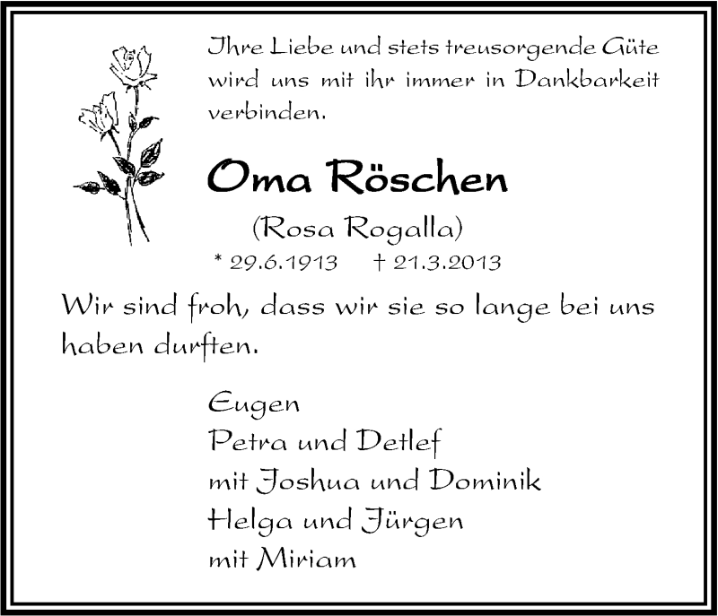  Traueranzeige für Rosa Rogalla vom 30.03.2013 aus Kölner Stadt-Anzeiger / Kölnische Rundschau / Express