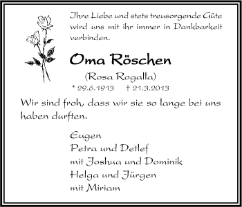 Anzeige von Rosa Rogalla von Kölner Stadt-Anzeiger / Kölnische Rundschau / Express