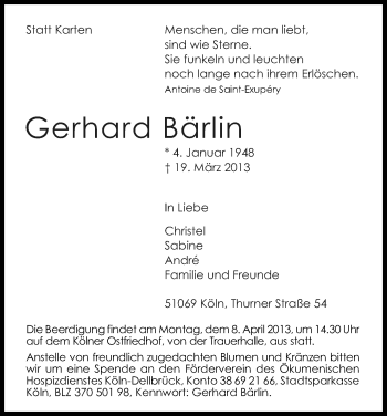 Anzeige von Gerhard Bärlin von Kölner Stadt-Anzeiger / Kölnische Rundschau / Express