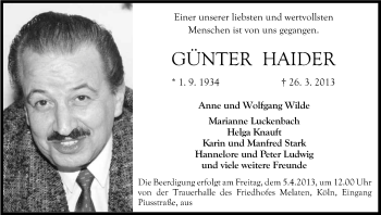 Anzeige von Günter Haider von Kölner Stadt-Anzeiger / Kölnische Rundschau / Express