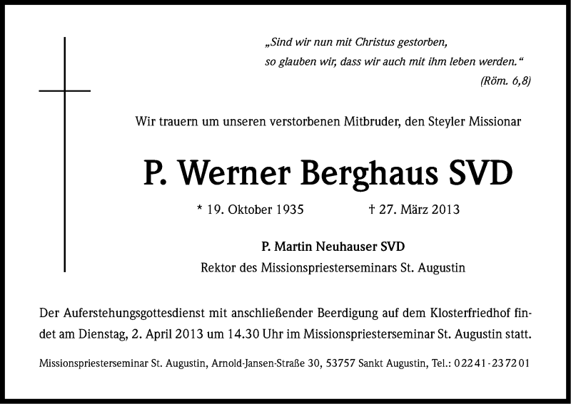  Traueranzeige für P. Werner  Berghaus vom 30.03.2013 aus Kölner Stadt-Anzeiger / Kölnische Rundschau / Express